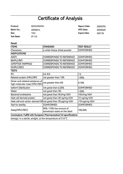 Somatropin 12IU COA 2025-07-03