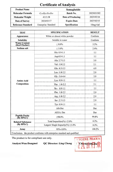 Semaglutide 10mg/vial · 2/2 COA 2025-03-16